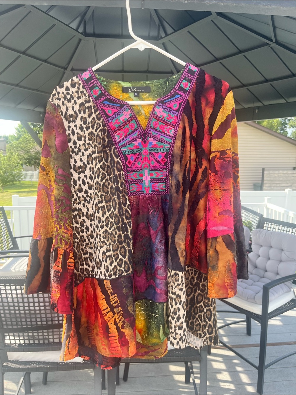 Caleesa Colorful Patchwork Boho Tunic with Embroidered V-Neck